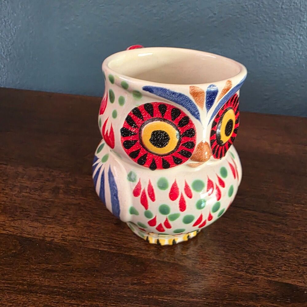 Anthropologie Gorky Gonzalez Coffee Mug Owl Hand Painted Mexican Folk Art